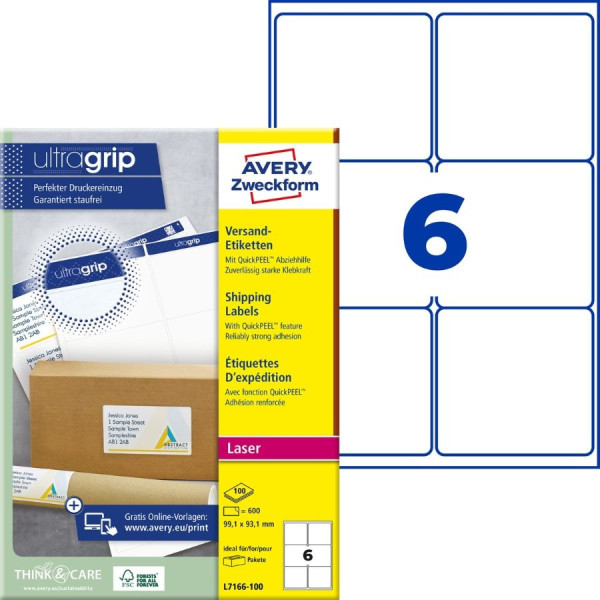 600 AVERY® Zweckform Versand-Etiketten L7166-100 weiß 99,1 x 93,1 mm