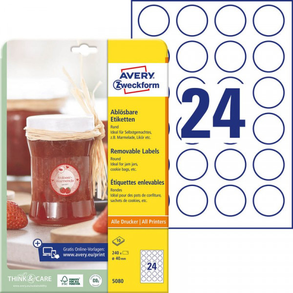 240 AVERY® Zweckform runde Etiketten 5080 weiß Ø 40 mm