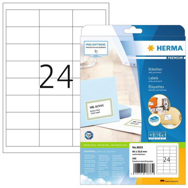 240 HERMA PREMIUM Universal-Etiketten 8633 weiß 66 x 33,8 mm